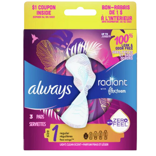 Always Radiant Size 1 Regular With Flexi-Wings Light Clean Scent Pads/3ct