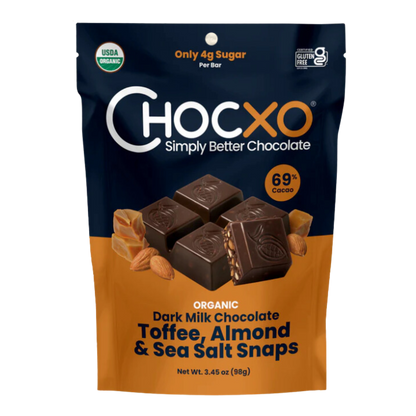Chocxo Dark Chocolate Toffee, Almond & Sea Salt Snaps Bag / 98g