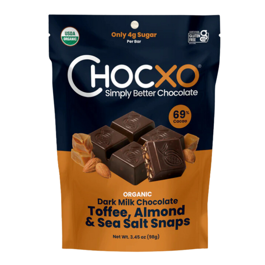 Chocxo Dark Chocolate Toffee, Almond & Sea Salt Snaps Bag / 98g