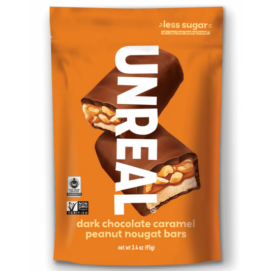 Unreal Barres de chocolat noir au nougat, caramel et arachides en sachet / 94g